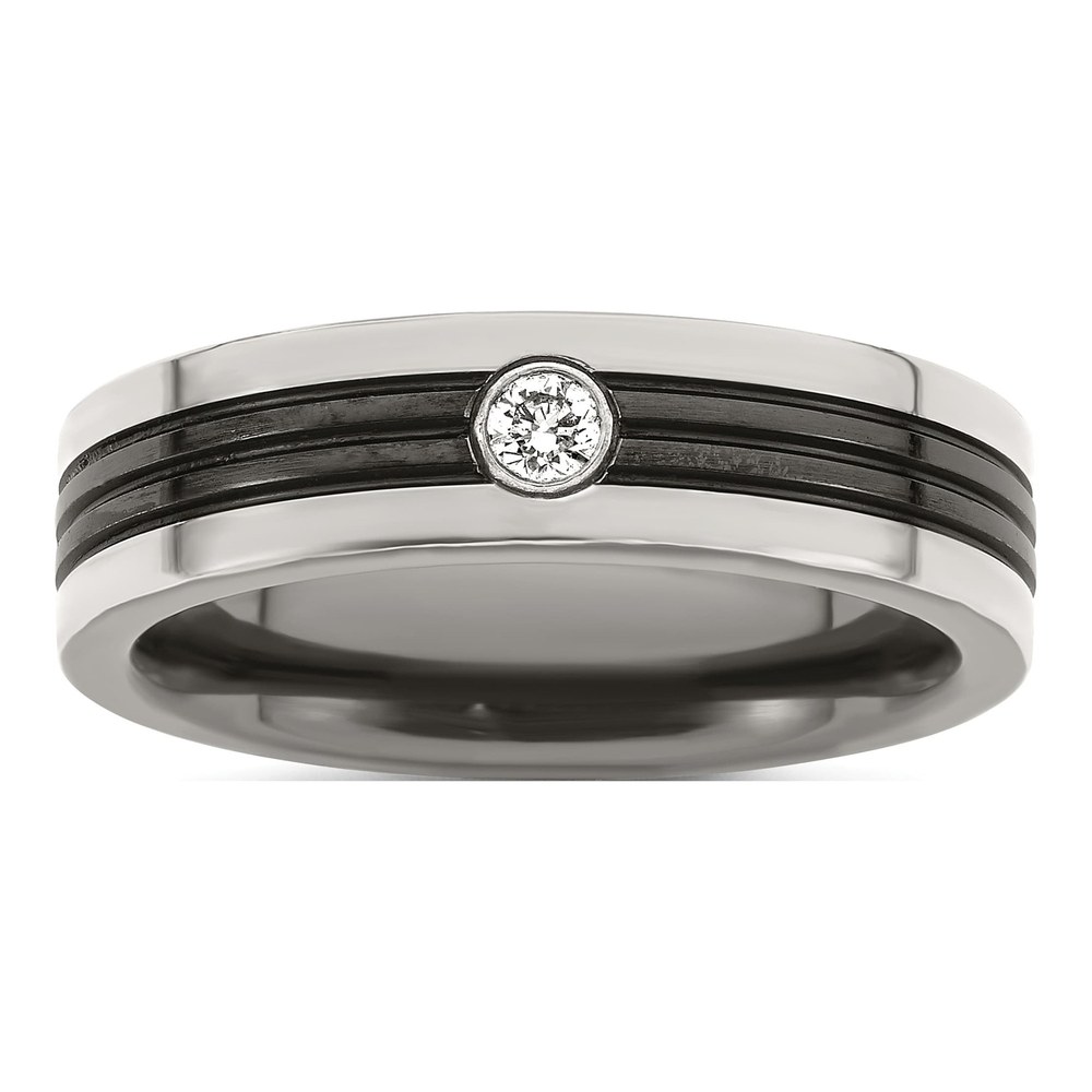 Edward Mirell Black Ti With Grey Titanium Edge 1/10 Carat Diamond With Sterling Silver Bezel 6mm Band