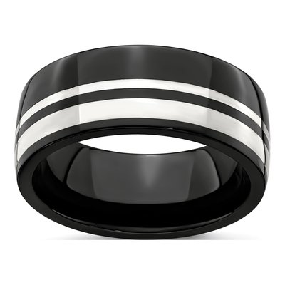 Men's Titanium & Sterling Silver 9mm Black Wedding Band