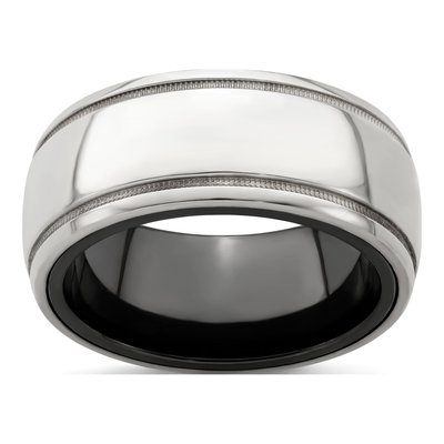 Titanium & Sterling Silver 10mm Black Milgrain Wedding Band