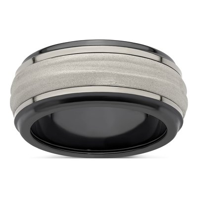 Titanium & Sterling Silver 10mm Black Wave Wedding Band