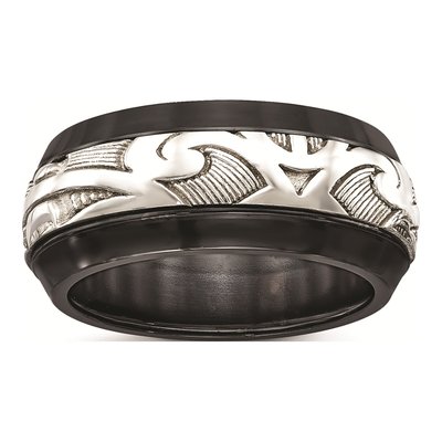 Titanium & Sterling Silver 10mm Black Scroll Wedding Band