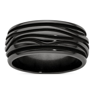 Titanium 10mm Black Grooved Wave Wedding Band