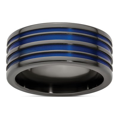 Titanium 10mm Black Blue Grooved Band