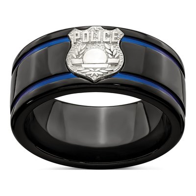Titanium & Sterling Silver 10mm Black Police Shield Band