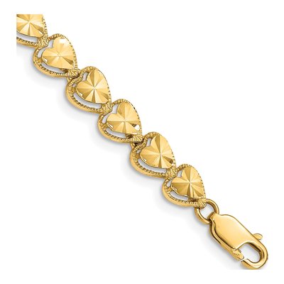 14K Yellow Gold 7-inch Diamond-Cut Hearts Bracelet