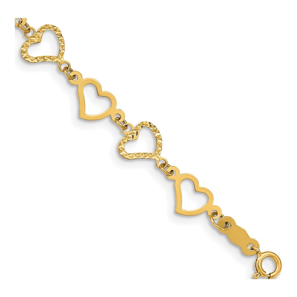 14K Yellow Gold Flat Diamond -Cut And Polished Open Hearts 7.25 Inch Bracelet with Spring Ring Clasp