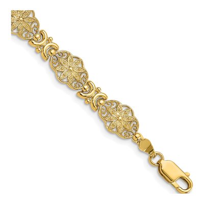 14K Yellow Gold 8.6mm Floral Fancy Link Chain Bracelet