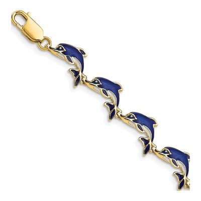 14K Yellow Gold Blue Enamel Dolphin Bracelet