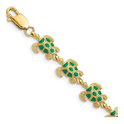 14K Yellow Gold Green Enamel Sea Turtle Bracelet