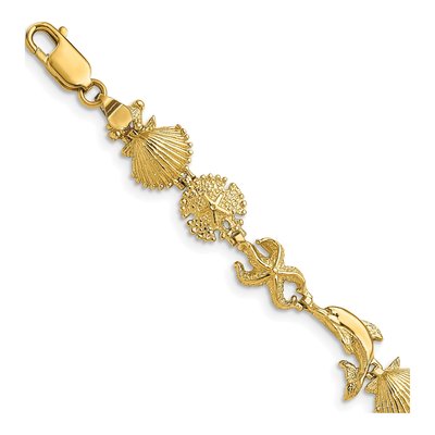 14K Yellow Gold Dolphin Sea Shell 7-inch Bracelet