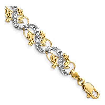 14K Yellow Gold 9.7mm Diamond-Cut Waves Leaves Fancy Link Chain Bracelet