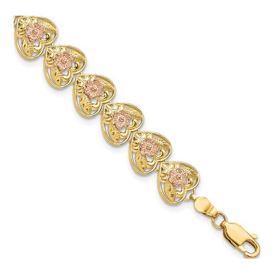 14K Two-Tone Gold Hearts Flowers Bracelet