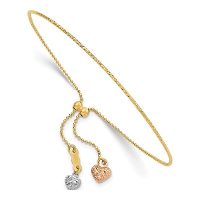 14K Tri-Color Gold Heart Dangle Bangle Bracelet