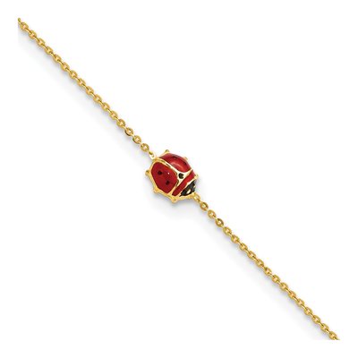 14K Yellow Gold Polished Enameled Ladybug 6.5In W/.75In Ext. Bracelet