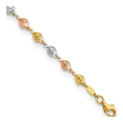 14K Tri-Color Gold 4.71mm Diamond-Cut Hearts Fancy Link Chain Bracelet