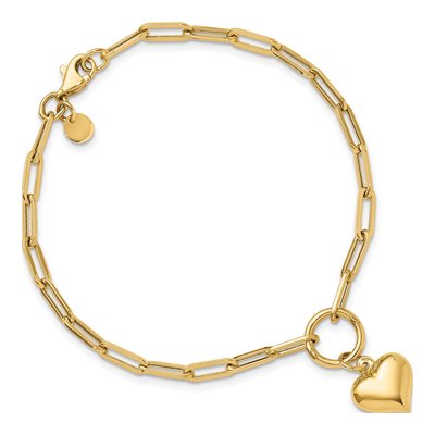 14K Yellow Gold Puffed Heart Paper Clip Bracelet – view 5
