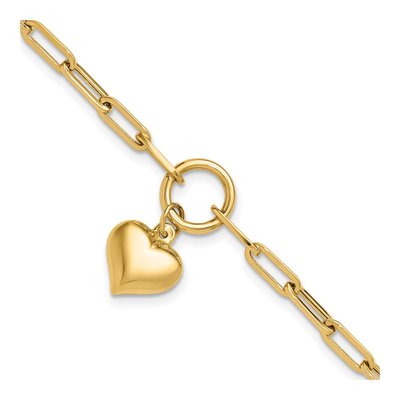 14K Yellow Gold Puffed Heart Paper Clip Bracelet