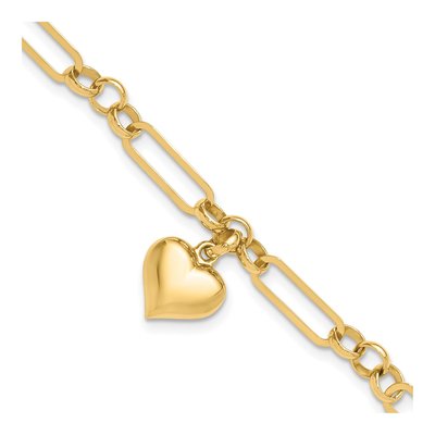 14K Yellow Gold Puffed Heart Figaro Link Bracelet