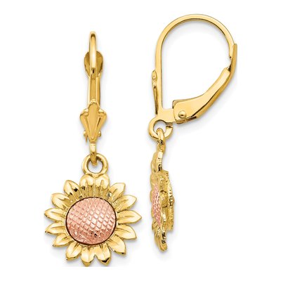 14K Two-Tone Gold Sunflower Leverback Earrings