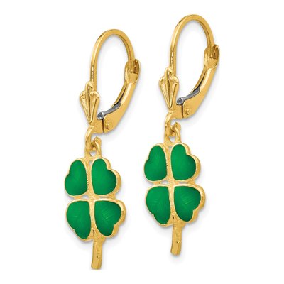 14K Yellow Gold Green Enamel Clover Leverback Earrings – view 3