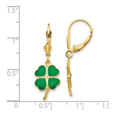 14K Yellow Gold Green Enamel Clover Leverback Earrings – view 5