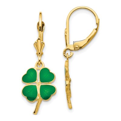 14K Yellow Gold Green Enamel Clover Leverback Earrings