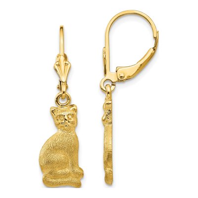 14K Yellow Gold Cat Leverback Earrings