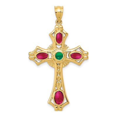 14K Yellow Gold Ruby & Emerald Cabochon Cross Pendant