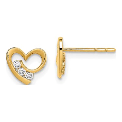 14K Yellow Gold CZ Heart for Girls Stud Earrings