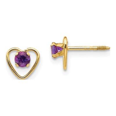 14K Yellow Gold 3mm Amethyst Heart Stud Earrings