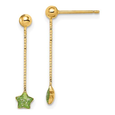 14K Yellow Gold Green Enamel Star Dangle Earrings