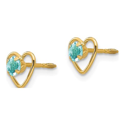14K Yellow Gold 3mm Aquamarine Girls' Heart Stud Earrings – view 2