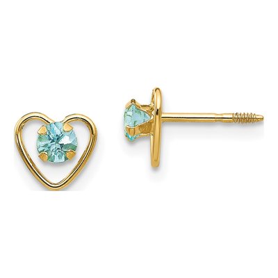 14K Yellow Gold 3mm Aquamarine Girls' Heart Stud Earrings
