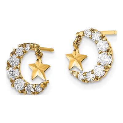 14K Yellow Gold Girls' CZ Crescent Moon Star Dangle Earrings – view 3