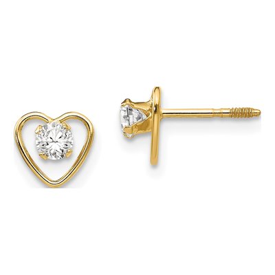 14K Yellow Gold White Topaz Heart Stud Earrings