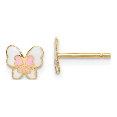 14K Yellow Gold Pink Enamel Butterfly Stud Earrings