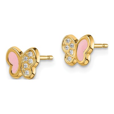 14K Yellow Gold CZ Pink Enamel Butterfly Kids Stud Earrings – view 3