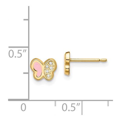 14K Yellow Gold CZ Pink Enamel Butterfly Kids Stud Earrings – view 5