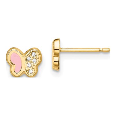 14K Yellow Gold CZ Pink Enamel Butterfly Kids Stud Earrings