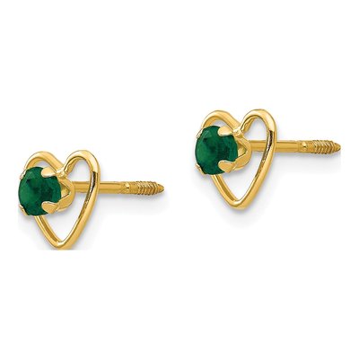 14K Yellow Gold Lab-Created Emerald Girls' Heart Stud Earrings – view 3