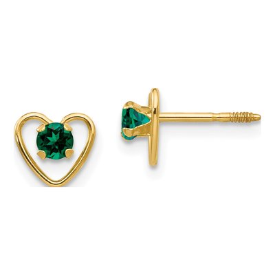 14K Yellow Gold Lab-Created Emerald Girls' Heart Stud Earrings