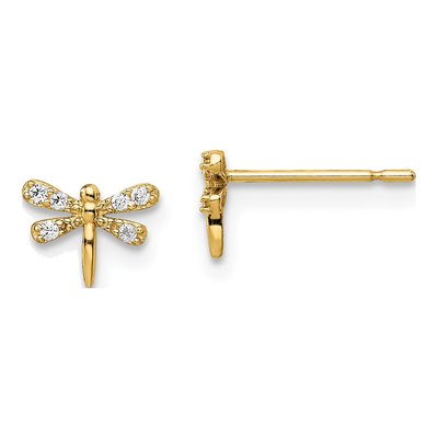 14K Yellow Gold CZ Dragonfly Stud Earrings