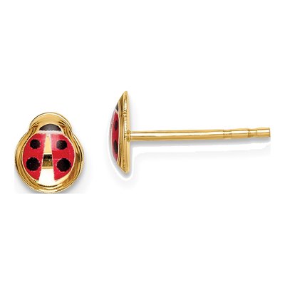 14K Yellow Gold Red Black Enamel Ladybug Stud Earrings