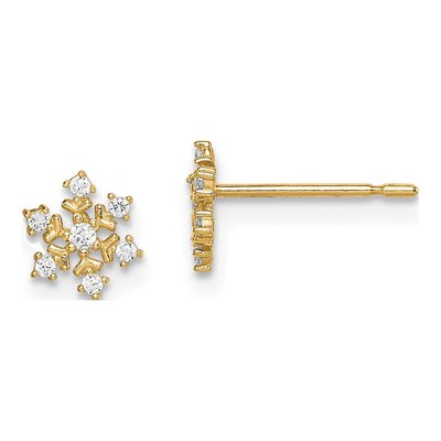 14K Yellow Gold CZ Snowflake for Girls Stud Earrings
