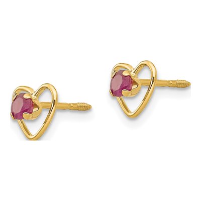 14K Yellow Gold 3mm Lab-Created Ruby Heart Screwback Stud Earrings – view 3
