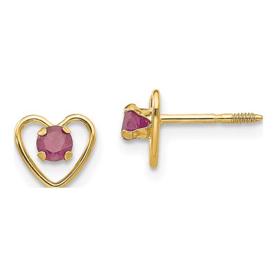 14K Yellow Gold 3mm Lab-Created Ruby Heart Screwback Stud Earrings