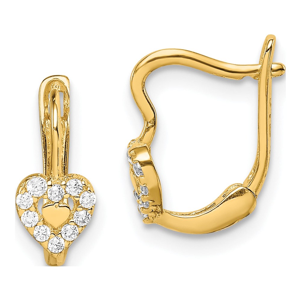 14K Yellow Gold CZ Double Heart Kids Leverback Earrings
