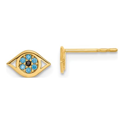 14K Yellow Gold Blue CZ Eye Stud Earrings