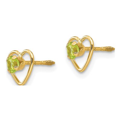 14K Yellow Gold 3mm Peridot Heart Stud Earrings – view 2