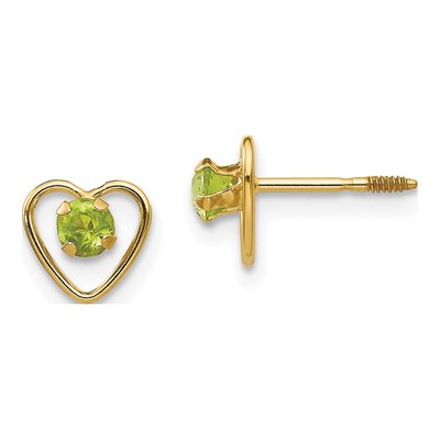 14K Yellow Gold 3mm Peridot Heart Stud Earrings